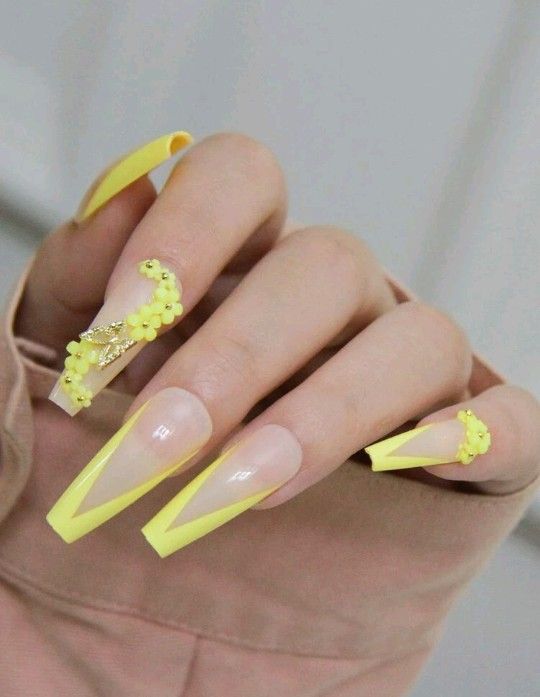 B2G1F 24-pcs. Elegant Long Coffin Yellow Rhinestones Press On Nails
