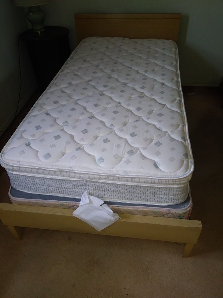Complete blonde wood twin bed w/ mattress + box springs