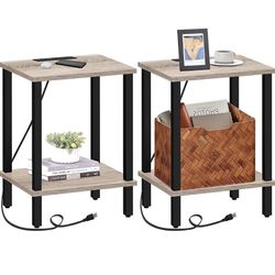 End Table with Charging Station, Set of 2, Side Table with USB Ports and Outlets, Nightstand, 2-Tier Storage Shelf, Sofa Table for Small Space, Living