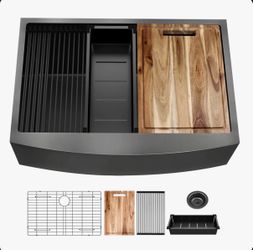 BRAND NEW 33” Farmhouse Workstation Kitchen sink. 16 Gage Gunmetal Black Stainless Steel- comes with accessories.