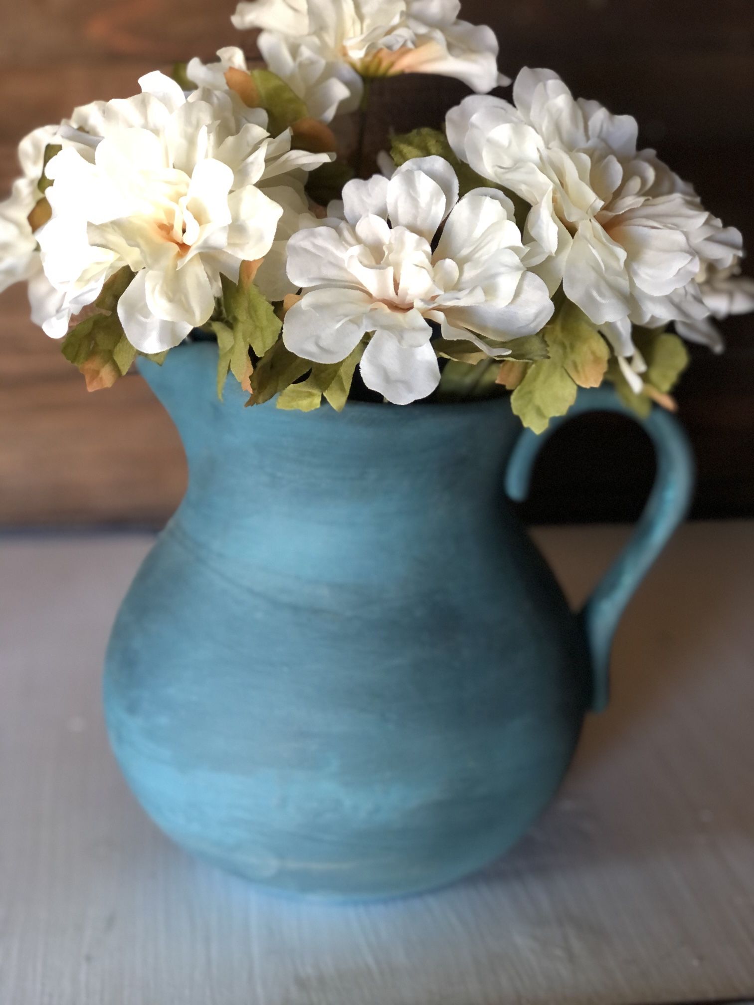 Teal Vintage Water Pitcher Vase With Faux Flowers