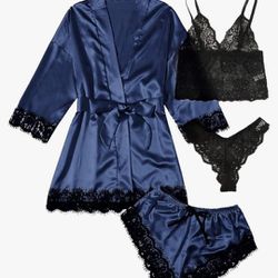  4pcs Sleepwear Satin Floral Lace Trim Cami Pajama Set with Robe


