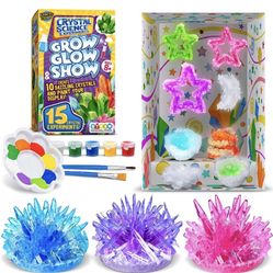 Crystal Growing Kit for Kids - 10 Crystals Science Experiment Kit + 2 Glow in The Dark Crystals with DIY Paint Display Stand 8+ Years 