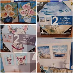 New 2pc Canvas Painting wall art. Llama, Piggy, Flowers, Beach. "12 x 12"  New in box. $5 each set