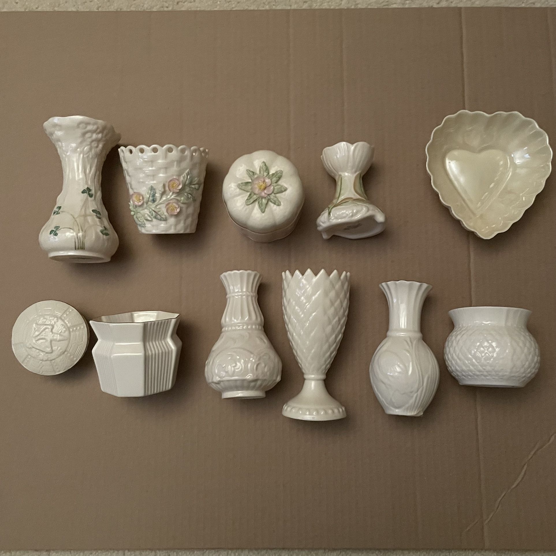 Belleek Ireland Vases, Trinket Boxes Pottery Lot Of 11 Pieces