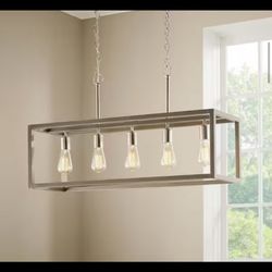 Chandelier. Boswell Quarter 34 in. 5-Light Brushed Nickel Farmhouse Linear Chandelier with Weathered Wood Accents