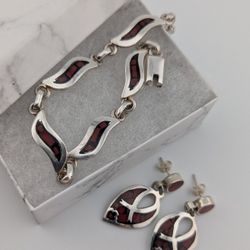 Taxco 925 Sterling Silver Red Coral & Black Onyx Inlay Set – Bracelet + Earrings