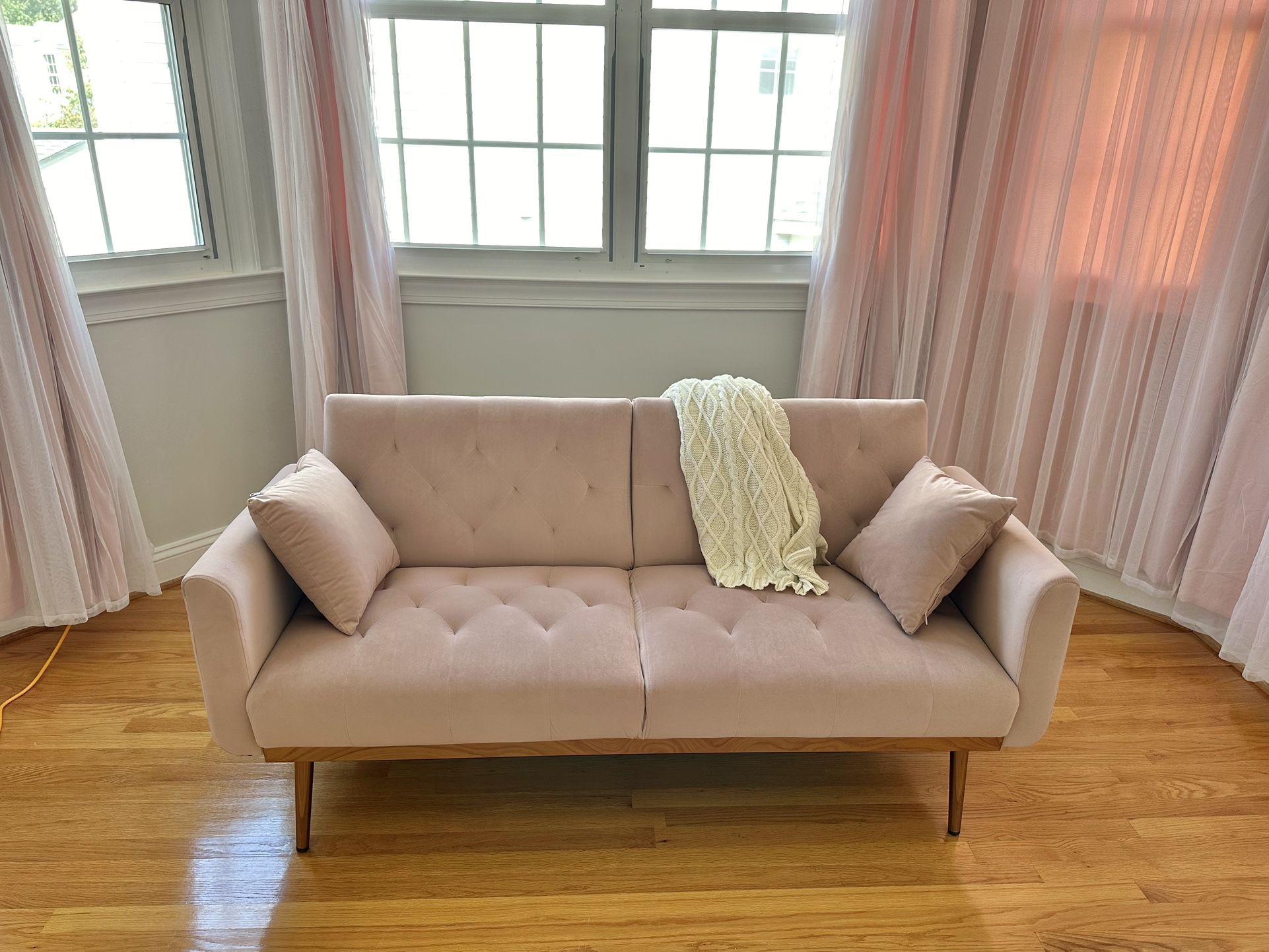 Golden Metal Legs, Velvet Sofa, Convertible To Bed, Pink, With Two Pillows, Super Cute