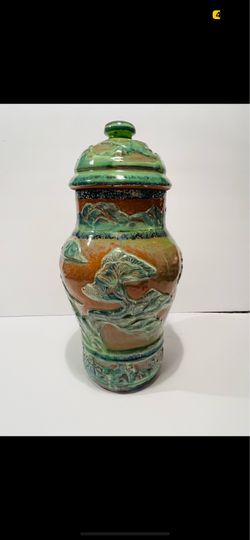 Vtg Ceramic Art Pottery Asian Motif Hand Crafted Lidded Vase Glazed Very Rare 13” tall with lid