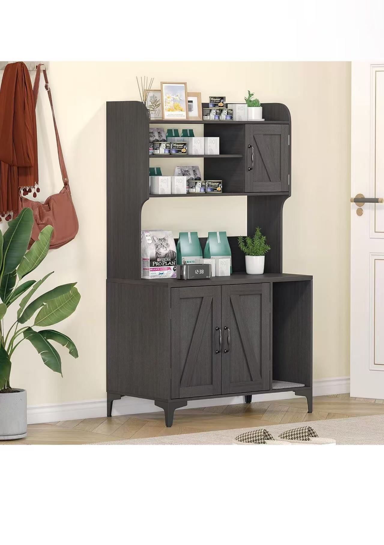 Cat Litter Box Enclosure, Large Hidden Cat Litter Box Furniture with Storage Shelves and Doors, Wooden Cat Washroom with Scratching Pad, Fit Most of L