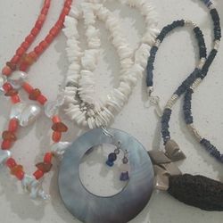 Red CORAL BIG Baroque Pearl Necklace Shell HEISHI & ABALONE TAHITIAN PENDANT NECKLACE  Black LAVASTONE & REAL GEMSTONES NECKLACE