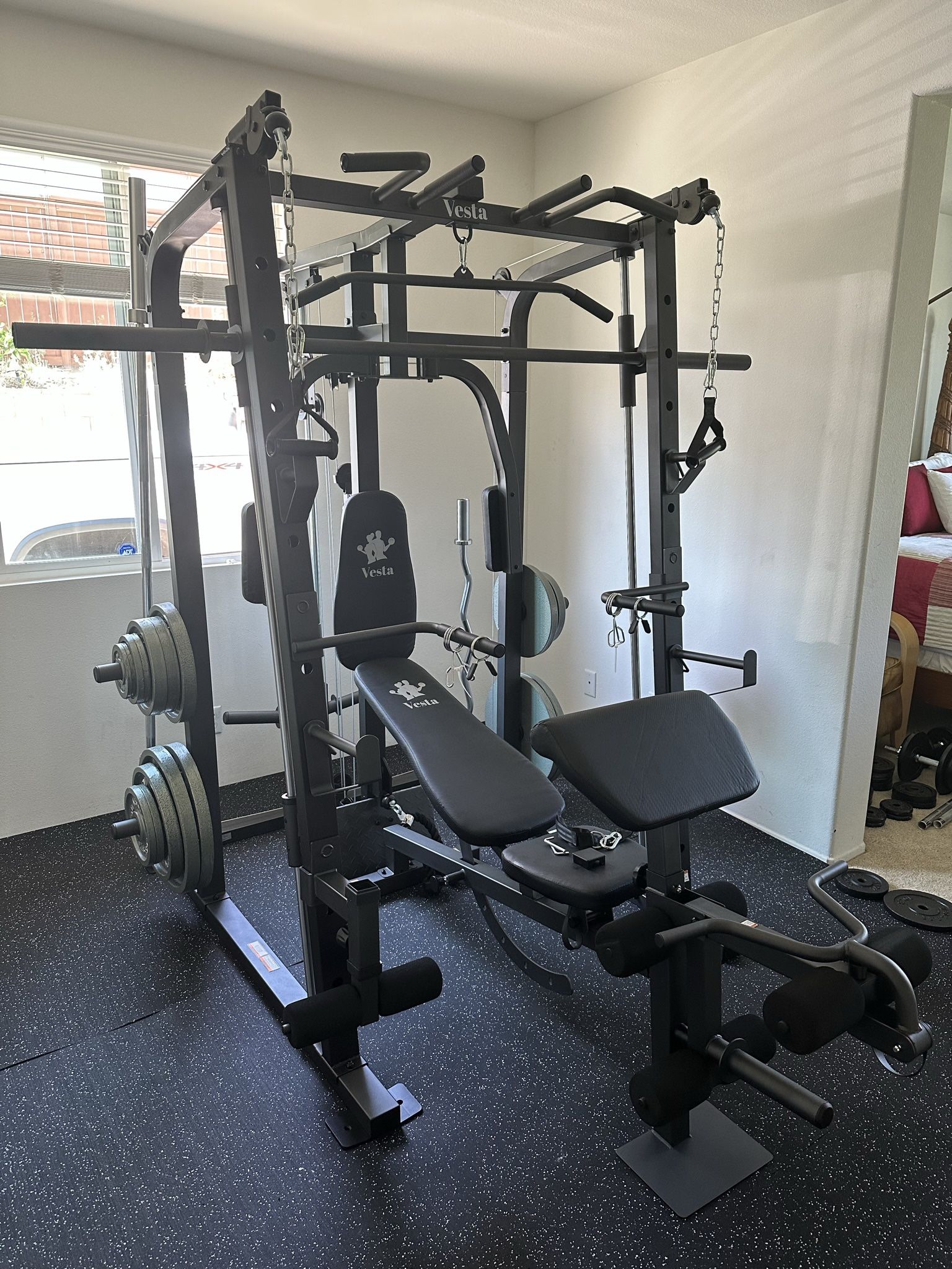 Vesta Fitness Smith Machine 1001 w/Bench Attachment | 230lb Bumpers Olympic Weights | 7ft Olympic Bar | Gym Equipment | FREE DELIVERY🚚