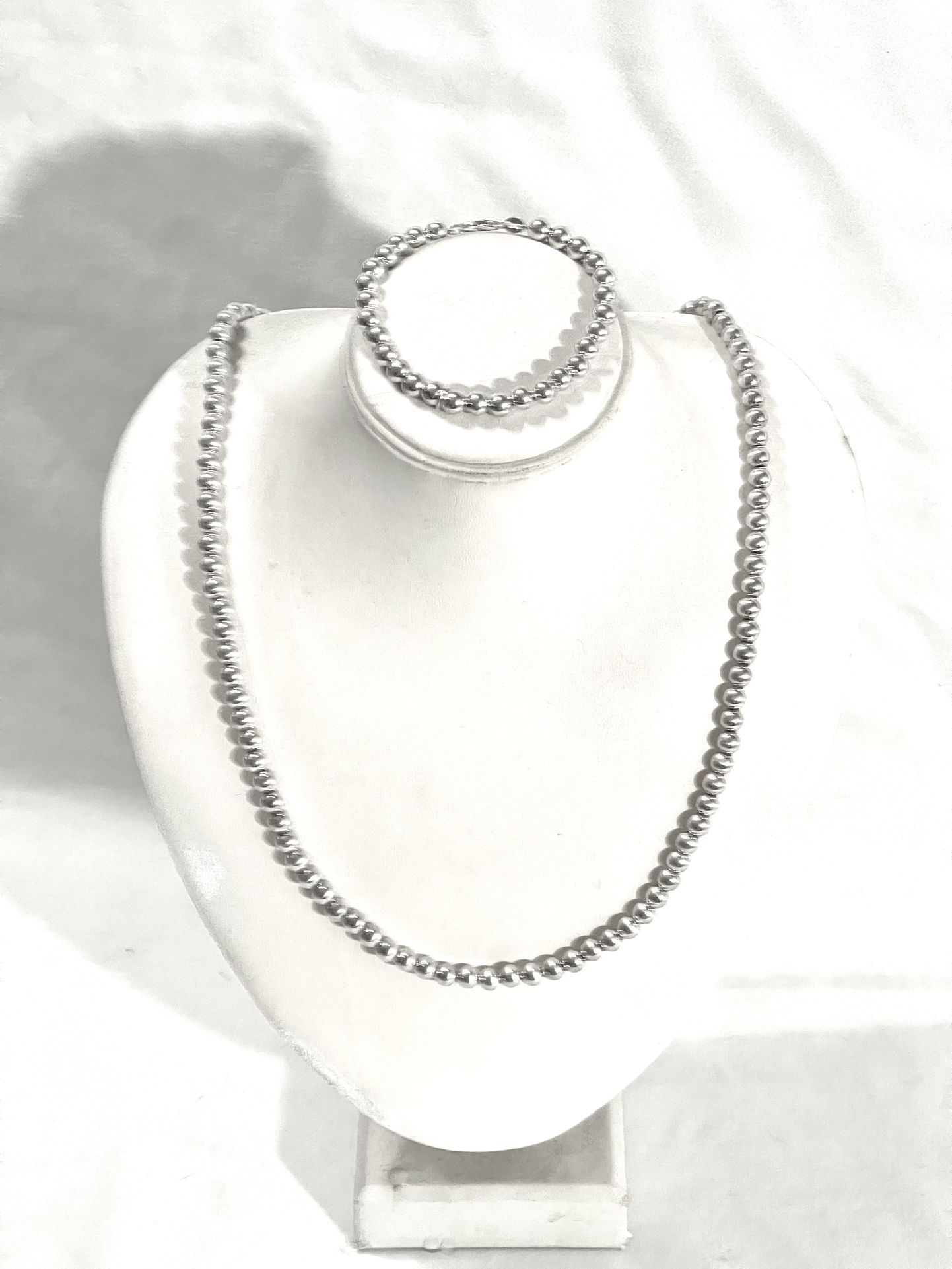 Vintage Never Worn .925 Silver 20” Bead, Strand Necklace With Matching 7” silver bead, strand bracelet with heart shaped pendant