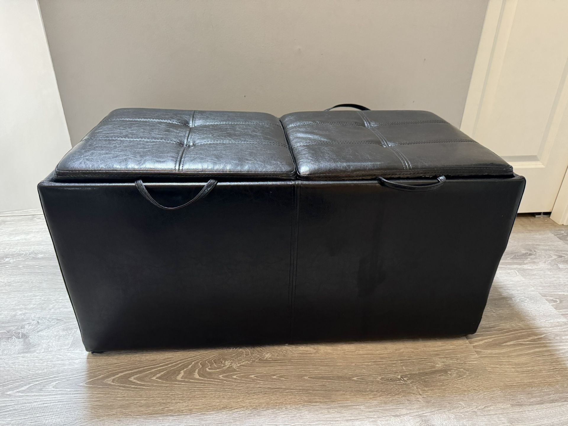 Black Ottoman with Storage and Trays, Faux Leather