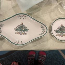 Vintage Spode Christmas Tree Pickle Dish And A 4" Candleholder Dish
