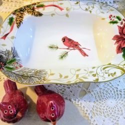 225 5th Holiday Wishes Serving Bowl & Ceramic Red Cardinal Salt & Pepper Shaker Set