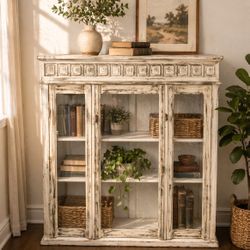 Distressed Farmhouse Glass Door Cabinet / Rustic White Display Cabinet