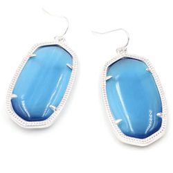 large 14k White Gold plated Blue  hexagon oval dangle statement earrings