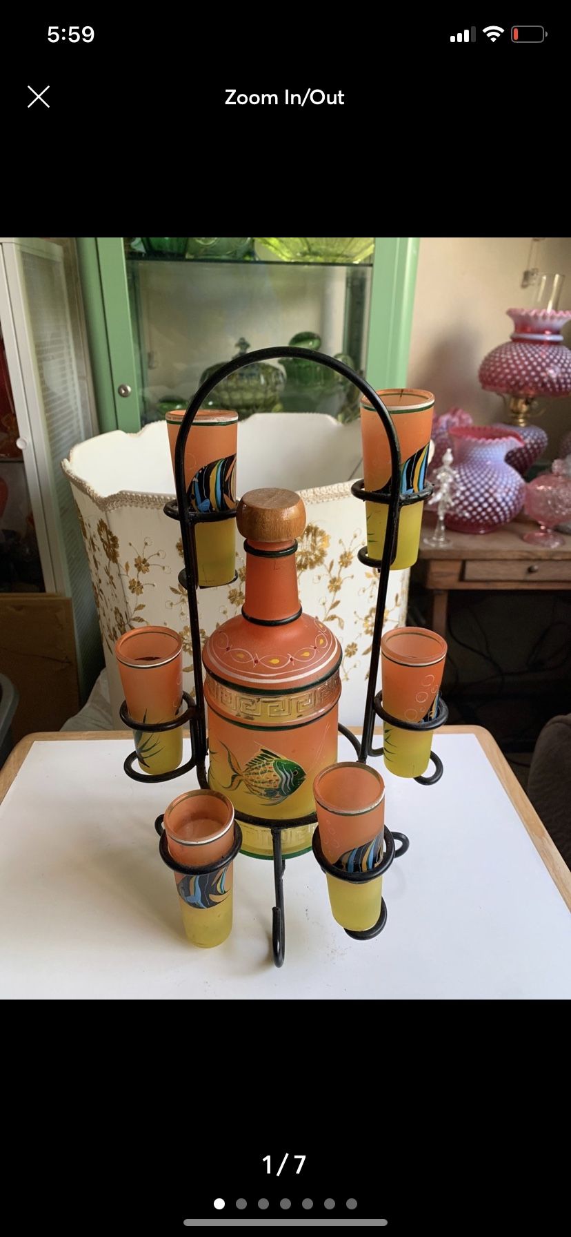 Vintage Orange Painted Mexican Decanter Shot/Tequila Set w/6 Shot Glasses Metal Stand