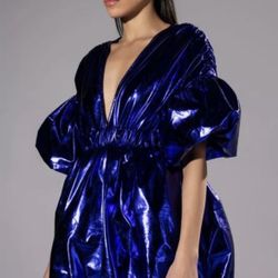Metallic Royal Blue Mini Puff Dress 