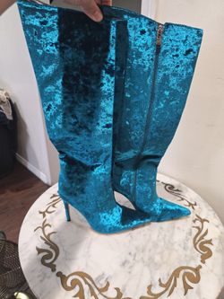 Turquoise velvet pointed toe knee high boots