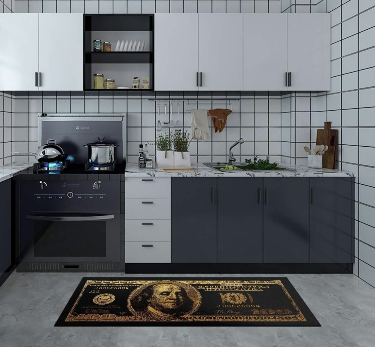 Black Gold Rugs 100 Dollar Bill Area Runner Money Nonslip Rubber Backed Laundry Room Rug Floor Mat for Living Room Dining Room Washroom Bathroom Mudro
