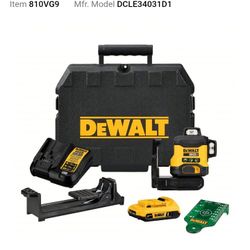 DEWALT Laser: 3 Lines, Green Beam, 0 Planes, ±1/8 in @ 30 ft Accuracy, Horizontal/Vertical, Included