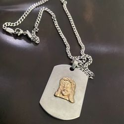 Stainless Steel 10kt Gold Jesus Piece Custom Signature Dog Tag with 24” Chain INCLUDED 