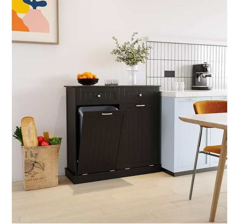 Double Tilt Out Trash Cabinet with Power Outlet, 10 Gallon Trash Cabinet with Storage,Pet Proof Trash Can with 2 AC & USB Sockets for Kitchen,Living 