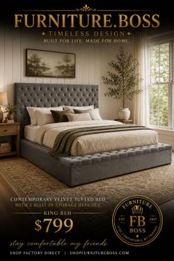 Grey King Size Bed w/ Storage Bench