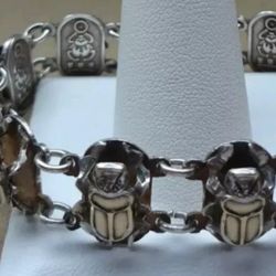 Scarab Sterling Silver Vintage 1950s 7 Inch Bracelet 