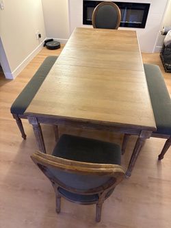 Dining table, two chairs, two benches (seats 6)