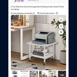 2-Tier Machine Stand Storage Rack Rolling Under Desk Printer Car White