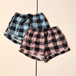 blue and pink checkered pajama shorts in a