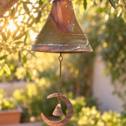 Vintage Patina Copper Brass Bell Wind Chime Crescent Moon Rustic Weathered Aged 