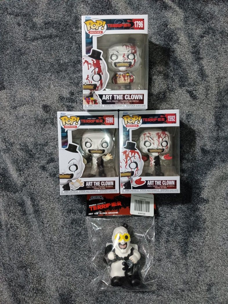 Funko Pop! Movies: Terrifier Art The Clown Funko Pop! Lot of 3 Pops and a Squishy Toy.