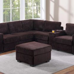 New!!! Coffee Color Sectional With Ottoman Two Cupholders And Charger Station