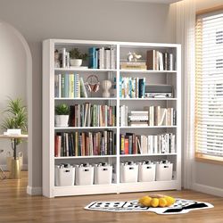 Bookshelf,5-Tier Industrial Bookshelf, White Bookcases and Bookshelves,Tall Metal Bookshelf Storage Organizer,Freestanding Bookshelf