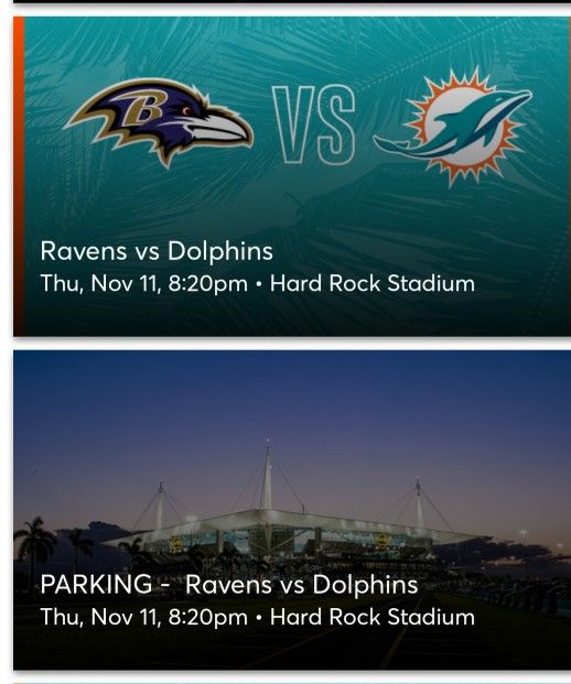 Thursday Night Football! Dolphins Baltimore Ravens Thursday November 11. Section 312 Row 8 Seats 1 & 2 $160 FOR EVERYTHING 