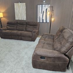 2 Matching Sets Manual Brown Microfiber Reclining Sofa and Loveseat