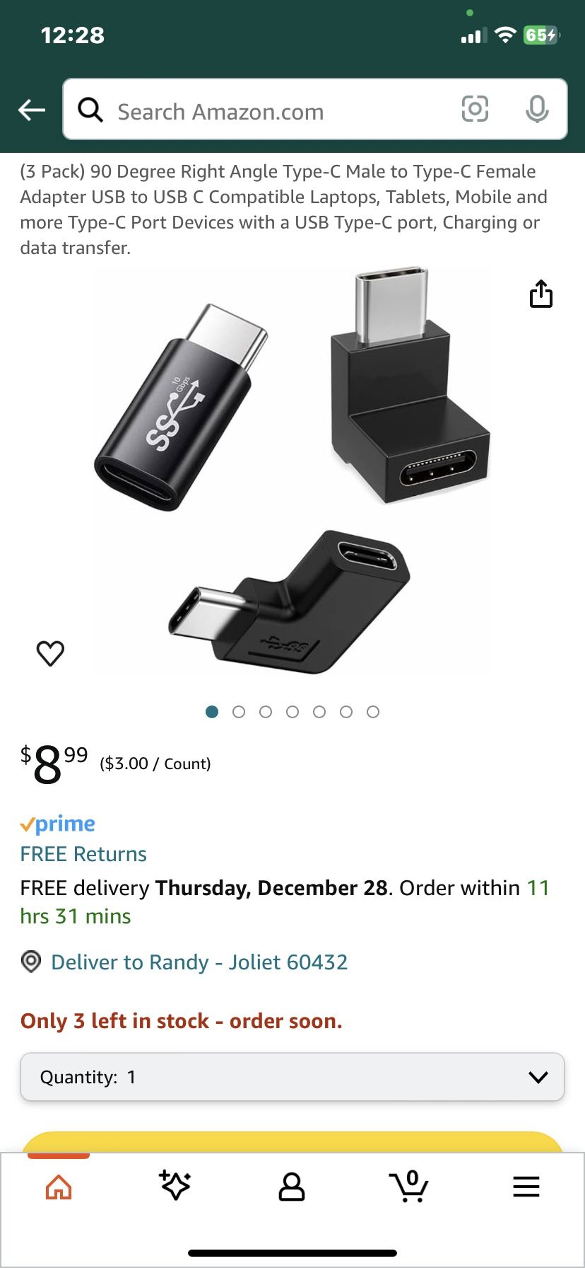 (3 Pack) 90 Degree Right Angle Type-C Male to Type-C Female Adapter USB to USB C Compatible Laptops, Tablets, Mobile and more Type-C Port Devices with