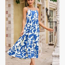 ECOWISH Women's Sleeveless Maxi Dress: Bohemian Loose Summer Beach Dress with Thin Straps, Asymmetrical Tiered Maxi Dress