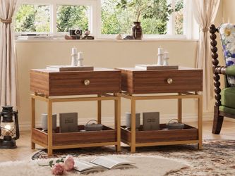 Walnut and Gold Nightstand Set of 2
