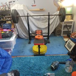 Weight Bench with Barbell and Weights