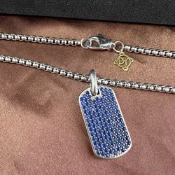 David Yurman Pave Tag Necklace Dog Tag 925 Silver Blue with 21in Chain
