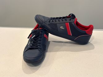 Mens Lacoste Chaymon 218 1 CAM Leather Low Top Sneakers Shoes Size 12 Navy & Red