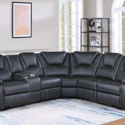 Brand New Black Leather Motion Recliner Sectional Sofa With Console Cup Holders 