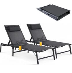 New -2 Pack Foldable Chaise Lounge Chair with Cup Holder, Assemble-Free Outdoor Lounge Chair with Detachable Pillow and 6 Adjustable Backrest, Patio L