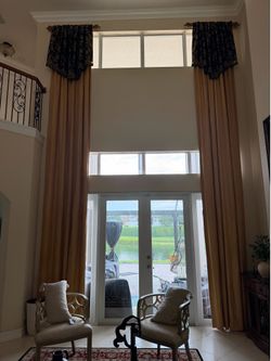 Elegant Custom Two-Story Window Drapes & Valances – Excellent Condition