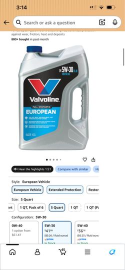 4 cans Valvoline European Vehicle Full Synthetic 5W-30 XL-III Motor Oil
